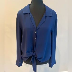 Navy blue button down tied blouse.
